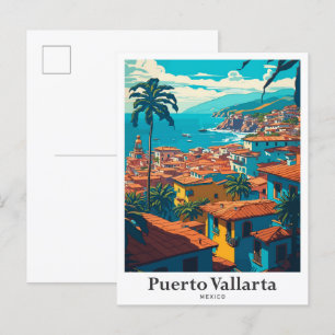 Puerto Vallarta Mexico Vintage resor Illustration Vykort