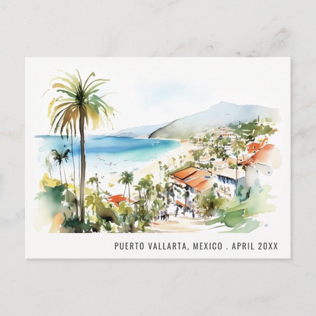 Puerto Vallarta Mexico Watercolor Landscape Travel Helg Vykort (Framsida)