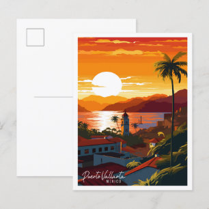 Puerto Vallarta Mexiko vintage resillustration Vykort