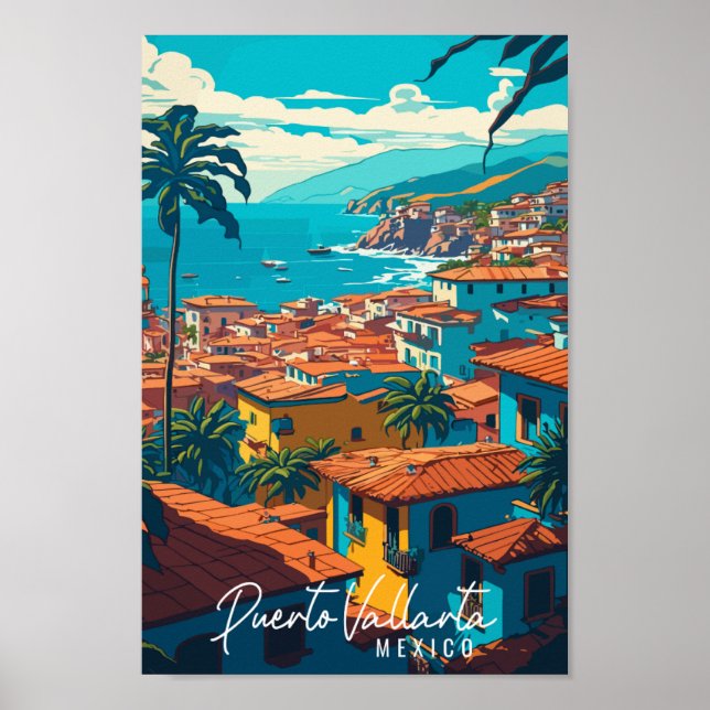 Puerto Vallarta Mexiko vintage resor illustration Poster (Framsidan)