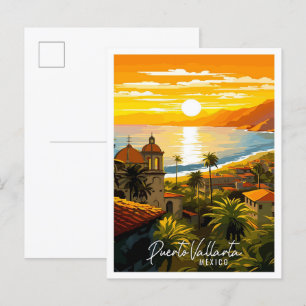Puerto Vallarta Mexiko vintage resor illustration Vykort
