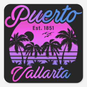 Puerto Vallarta Retro Sunset 80 Handflatan Träd Fyrkantigt Klistermärke