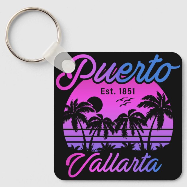 Puerto Vallarta Retro Sunset 80 Handflatan Träd Nyckelring (Framsida)