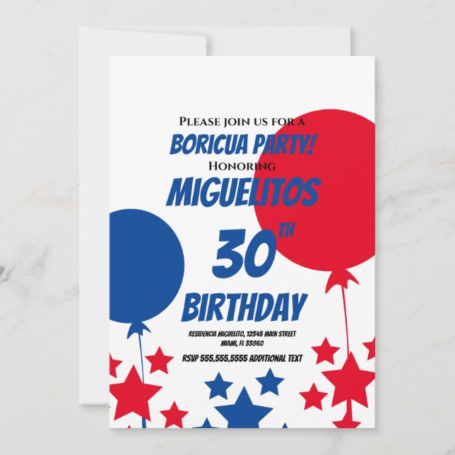 Puertoricansk latin födelsedagsfest ballong inbjudningar (Framsida)