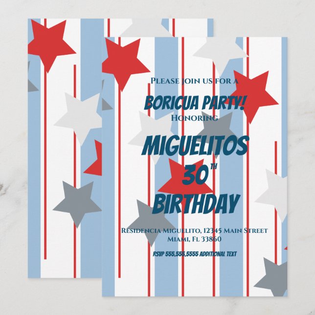 Puertoricansk latin födelsedagsfest stjärnor inbjudningar (Fram/baksida)