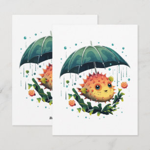 Puffer Fish Rainy Day with Parbrella Julkort