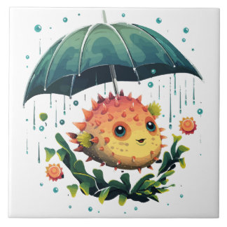 Puffer Fish Rainy Day with Parbrella Kakelplatta