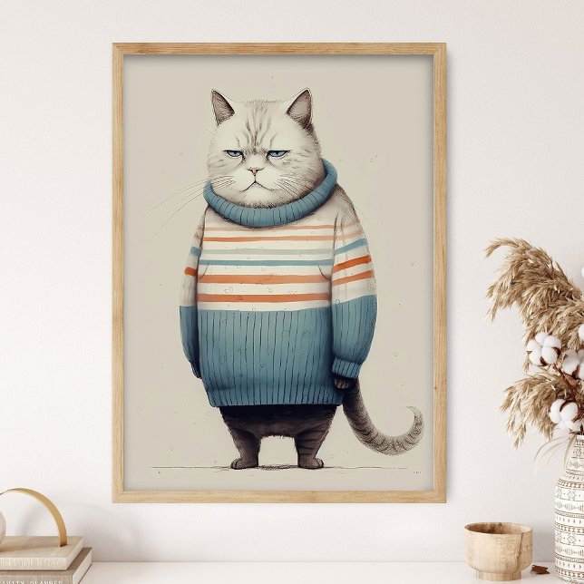 Puffig katt i mysig tröja, rolig kattdekor, kul poster (Skapare uppladdad)