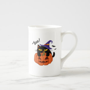 Puffig svart katt i häxhatt Halloween Benporslin Mugg