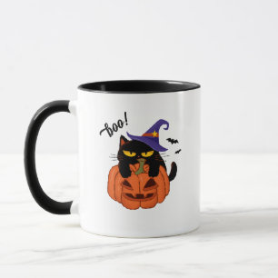 Puffig svart katt i häxhatt Halloween Mugg