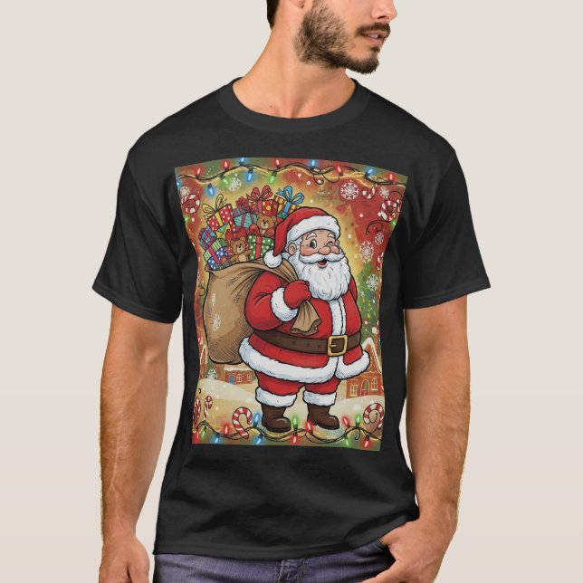 Puffig tecknad jultomte med presentpåse t shirt (Framsida)