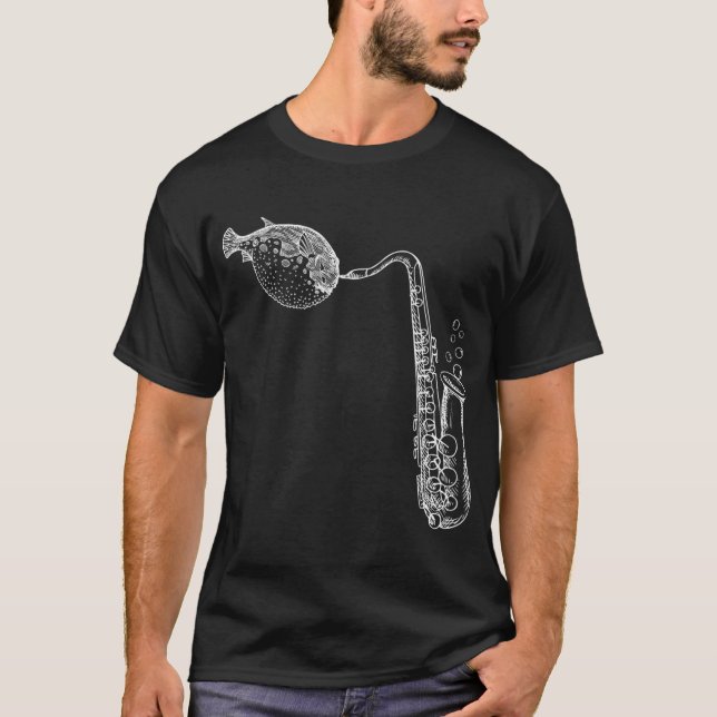 Puffig vit blåsfisk som spelar saxofon t shirt (Framsida)