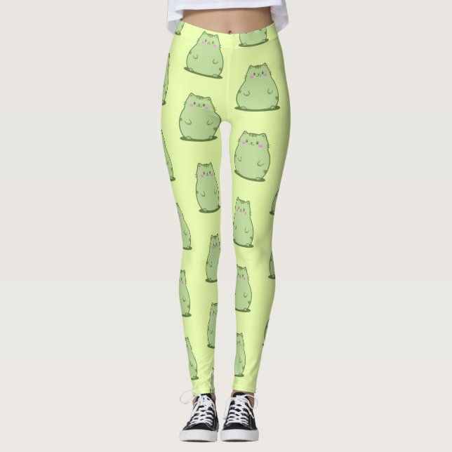 Puffiga Matcha Gröna Katt Leggings (Framsida)