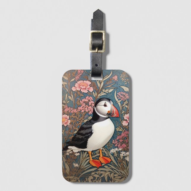 Puffin and Sea Thrift Flowers William Morris Bagagebricka (Framsida vertikal)