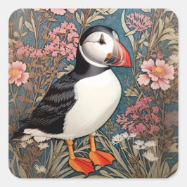 Puffin and Sea Thrift Flowers William Morris Fyrkantigt Klistermärke