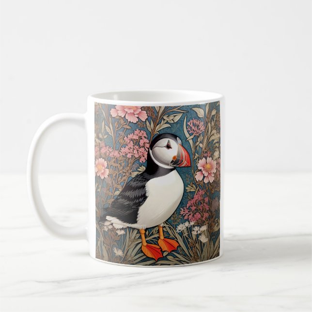 Puffin and Sea Thrift Flowers William Morris Kaffemugg (Vänster)