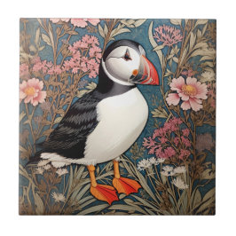 Puffin and Sea Thrift Flowers William Morris Kakelplatta