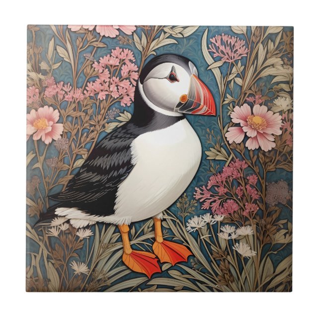 Puffin and Sea Thrift Flowers William Morris Kakelplatta (Framsidan)
