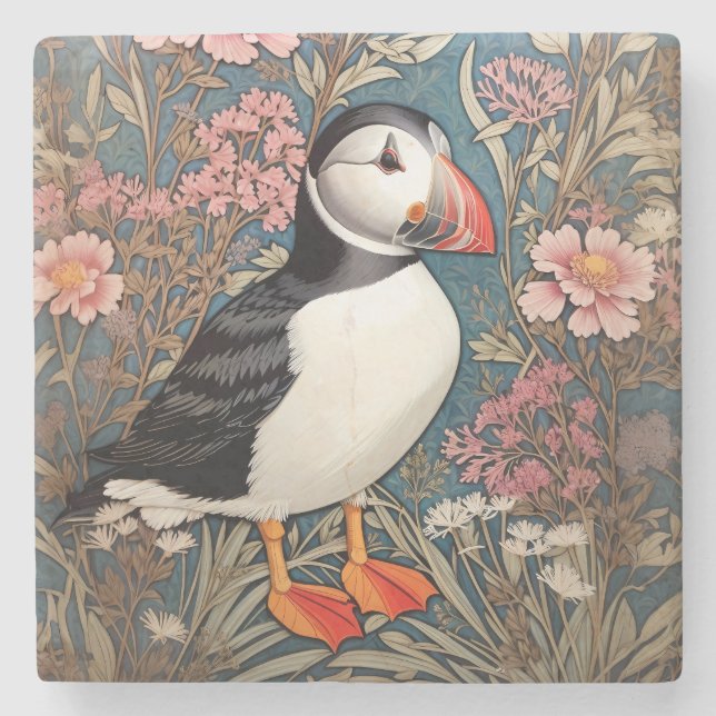 Puffin and Sea Thrift Flowers William Morris Stenunderlägg (Framsidan)