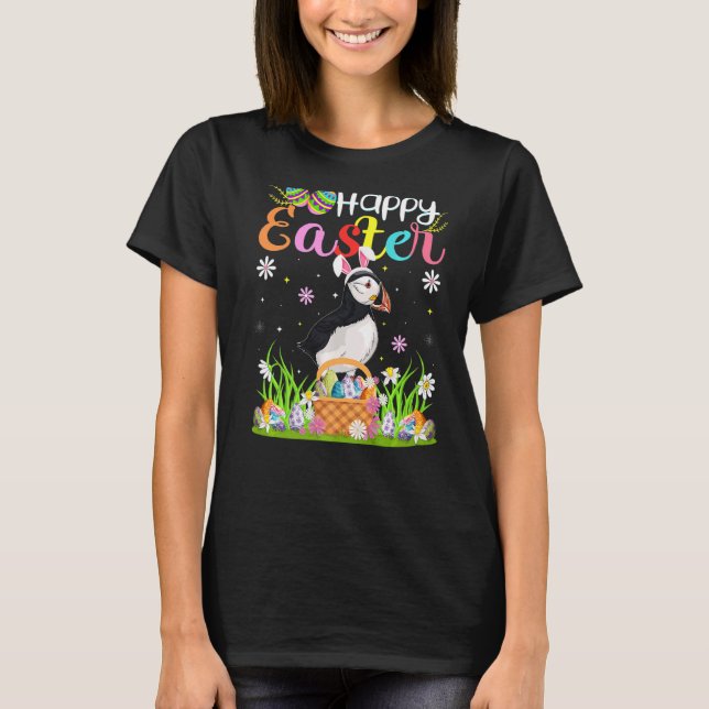 Puffin Bird Bunny Egg Hunting Puffin Glad påsk T Shirt (Framsida)