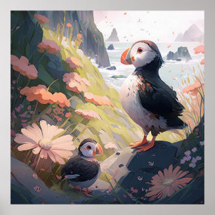 Puffin Bird Porträtt Animal Painting Wildlife Free Poster