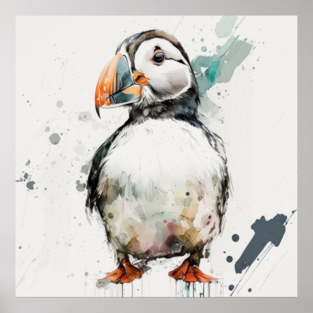 Puffin Bird Porträtt Animal Painting Wildlife Free Poster (Framsidan)