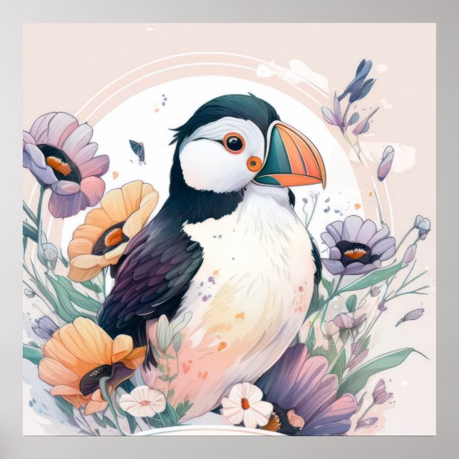 Puffin Bird Porträtt Animal Painting Wildlife Free Poster (Framsidan)