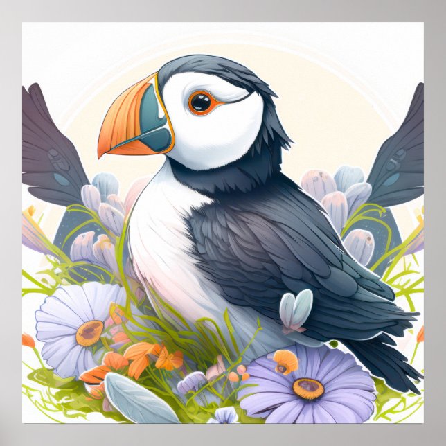 Puffin Bird Porträtt Animal Painting Wildlife Free Poster (Framsidan)