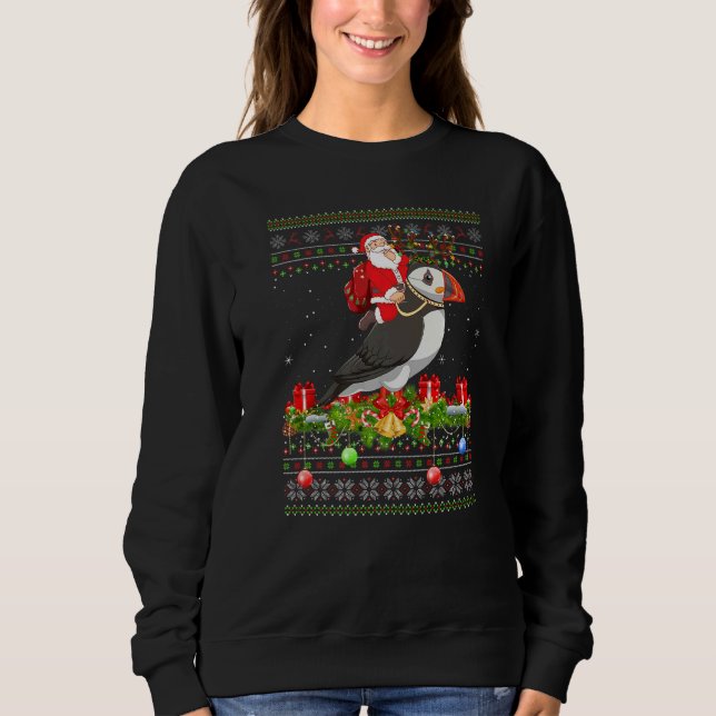 Puffin Bird  Ugly Santa Riding Puffin Christmas T Shirt (Framsida)