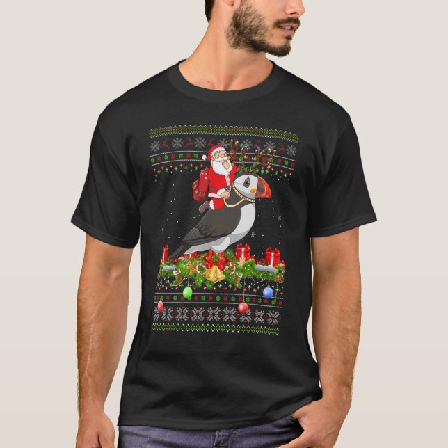 Puffin Bird   Ugly Santa Riding Puffin Christmas T Shirt (Framsida)
