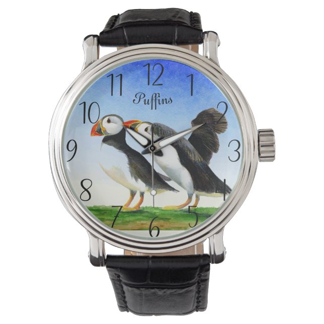 Puffin Bird Watercolor Painting Watch Armbandsur (Framsida)