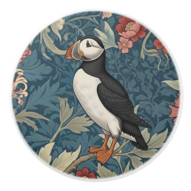 Puffin Bird William Morris style Left Ceramic Knob Knopp (Framsidan)