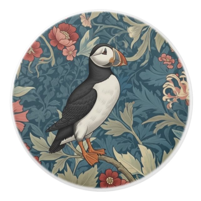 Puffin Bird William Morris style Right Facing Knopp (Framsidan)