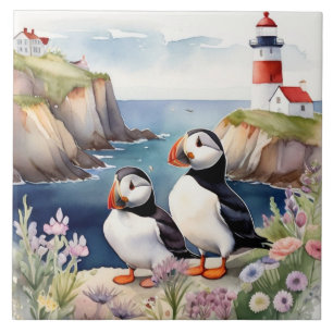 Puffin Birds på Kusten med fyr Kakelplatta