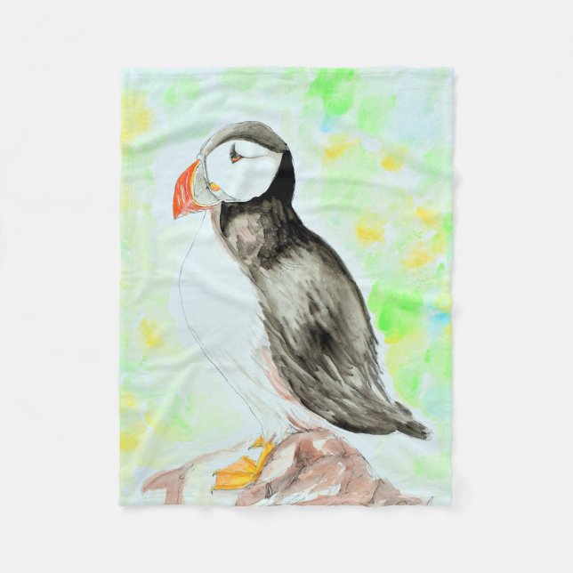 Puffin Bläck och Watercolor Painting Fleecefilt (Framsidan)