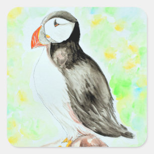 Puffin Bläck och Watercolor Painting Fyrkantigt Klistermärke