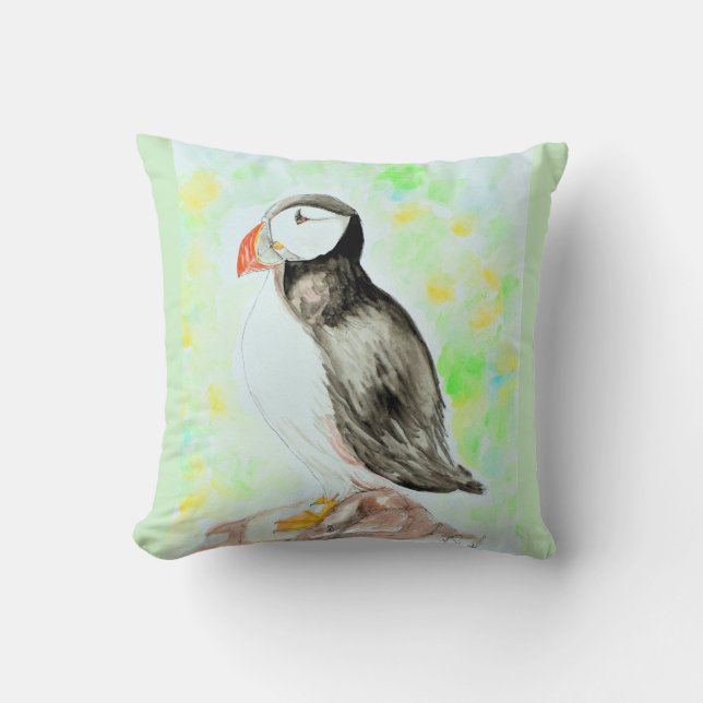 Puffin Bläck och Watercolor Painting Kudde (Framsida)