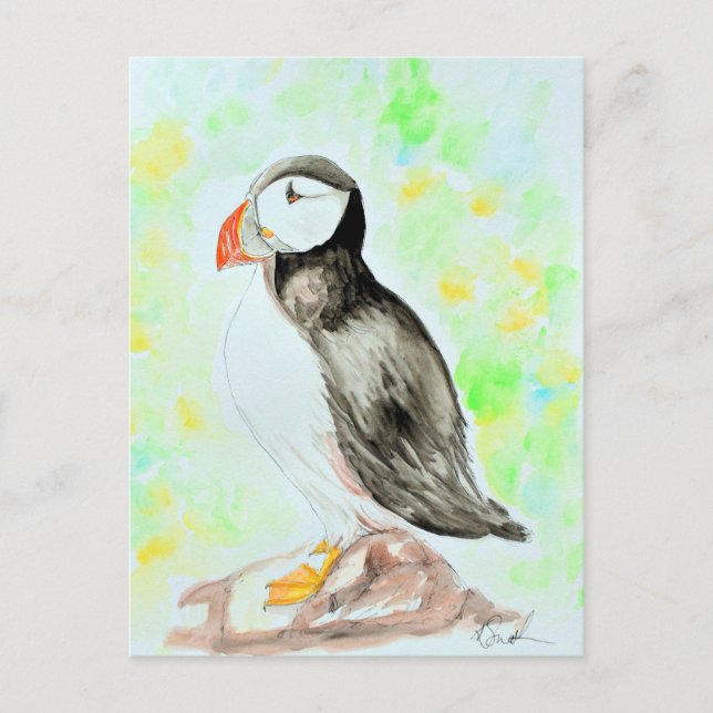 Puffin Bläck och Watercolor Painting Vykort (Framsida)