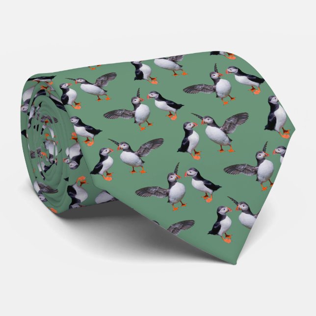 Puffin Frenzy 2 Tie (Grönt) Slips (Rullad)