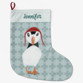 Puffin in Winter Hat Personlig Stor Julstrumpa