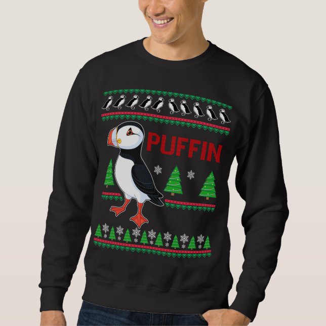 Puffin Julafton Ugly Sweater Puffins Älskare Funny Lång Ärmad Tröja (Framsida)