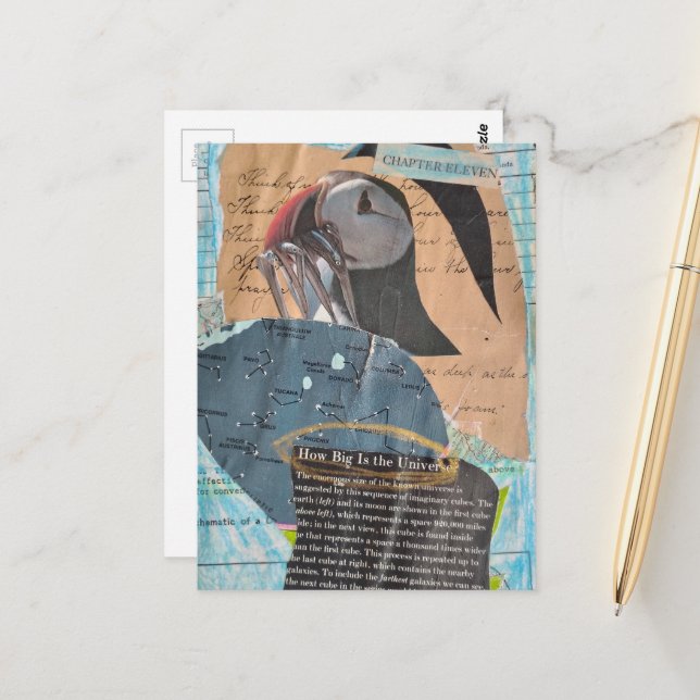 Puffin Kapitel Elva Mixed Media Collage Vykort (Fram/Back In Situ)
