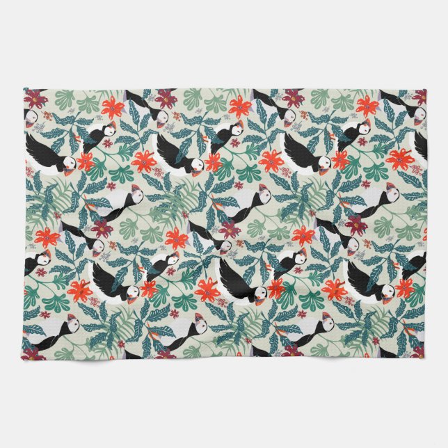 Puffin Mönster Warm Beige Kökshandduk (Horisontell)