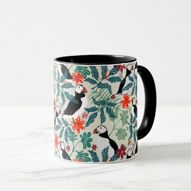 Puffin Mönster Warm Beige Mugg (Framsida höger)