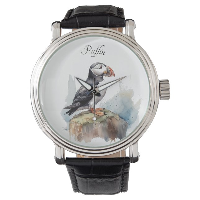 Puffin på Sten Watercolor, anpassningsbar Armbandsur (Framsida)