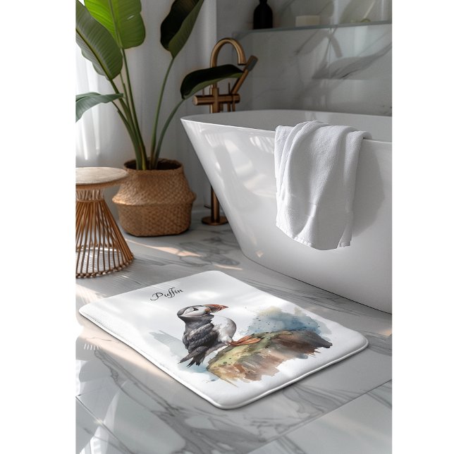 Puffin på Sten Watercolor, anpassningsbar Badrumsmatta (Skapare uppladdad)
