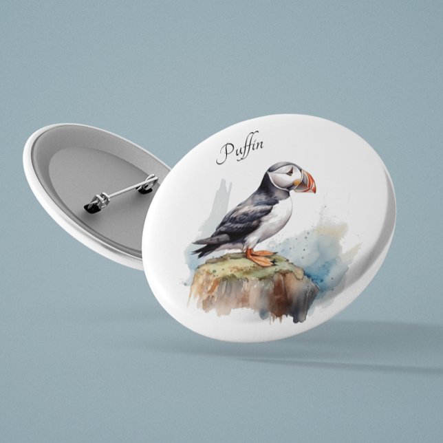 Puffin på Sten Watercolor, anpassningsbar Knapp (Skapare uppladdad)