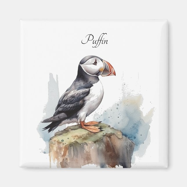 Puffin på Sten Watercolor, anpassningsbar Magnet (Framsidan)