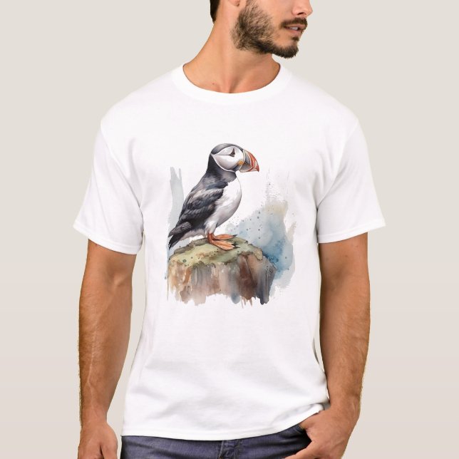 Puffin på Sten Watercolor T Shirt (Framsida)