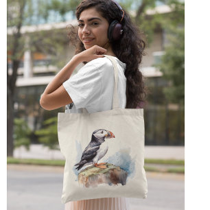 Puffin på Sten Watercolor Tygkasse